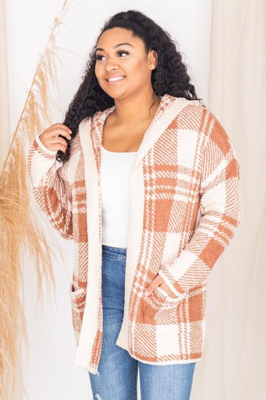 Casual Countdown Brown Plaid Fuzzy Hooded Cardigan