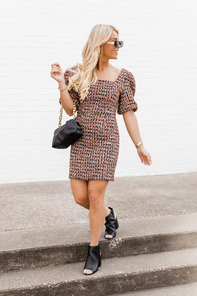 Life Of The Party Multi Puff Sleeve Tweed Dress