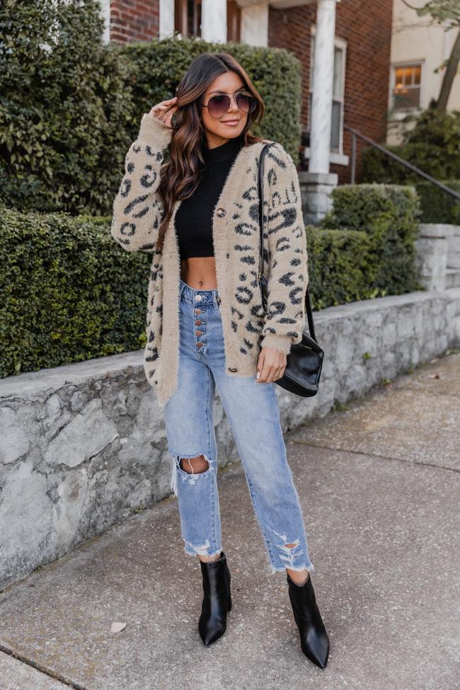 Pure Ambition Tan Fuzzy Animal Print Cardigan