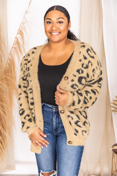 Pure Ambition Tan Fuzzy Animal Print Cardigan