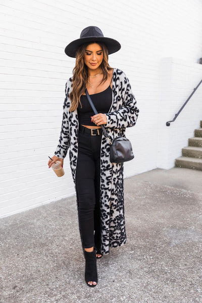 Till It's Over Grey Fuzzy Animal Print Duster Cardigan