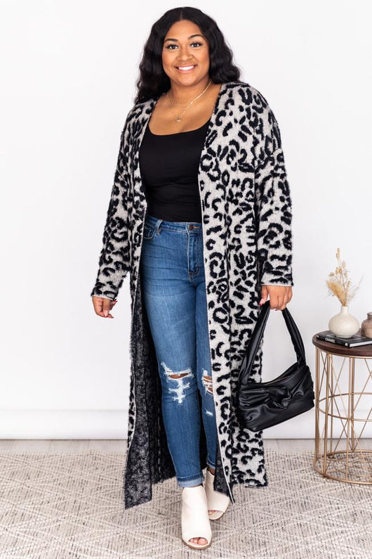 Till It's Over Grey Fuzzy Animal Print Duster Cardigan