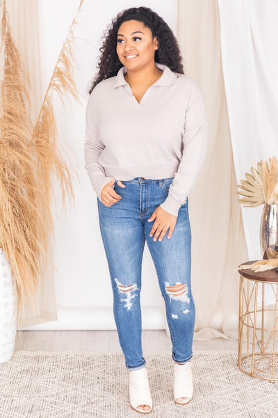 In-between You And Me Beige Collared V-Neck Sweater