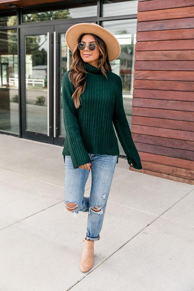Meet On Main Street Green Ribbed Turtleneck Sweater