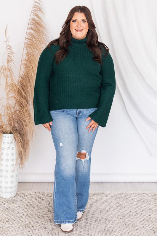 Meet On Main Street Green Ribbed Turtleneck Sweater