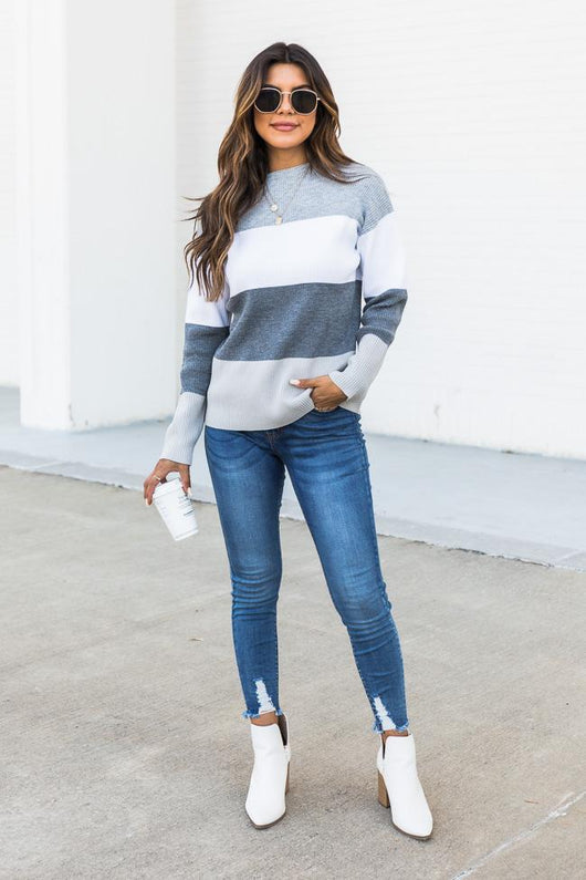 Daring Attitude Grey Striped Fitted Sweater