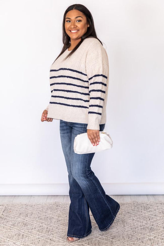 Forever More Navy Cable Knit Striped Sweater