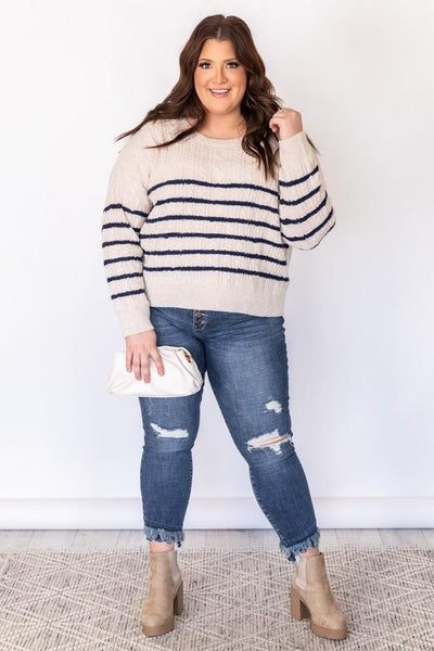 Forever More Navy Cable Knit Striped Sweater