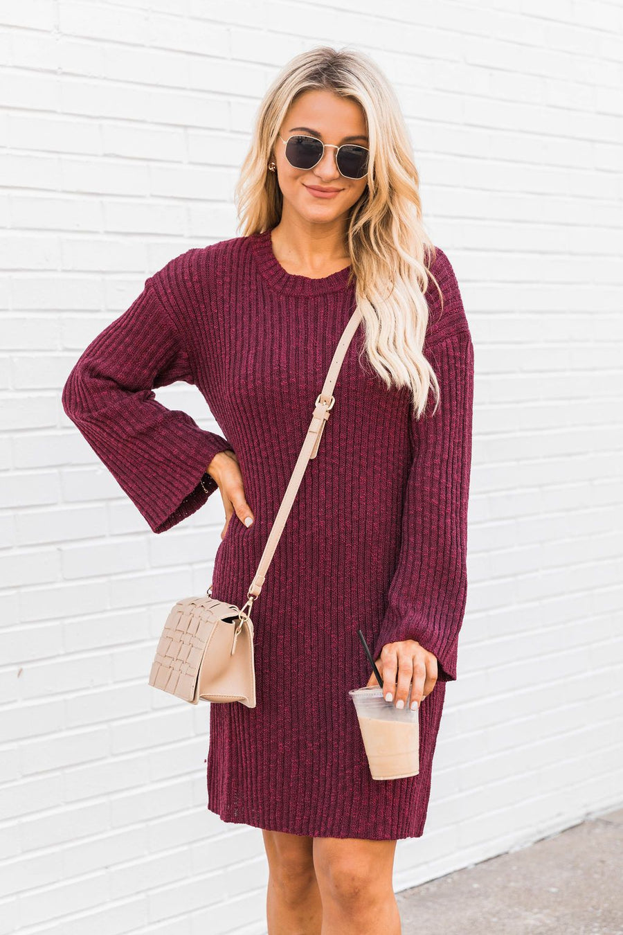 Decide My Path Ribbed Bell Sleeve Burgundy Sweater Dress