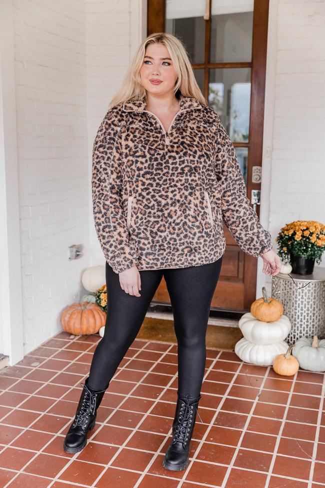 Around The Clock Animal Print Quarter Zip Sherpa Pullover