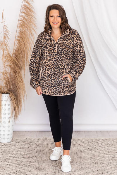 Around The Clock Animal Print Quarter Zip Sherpa Pullover
