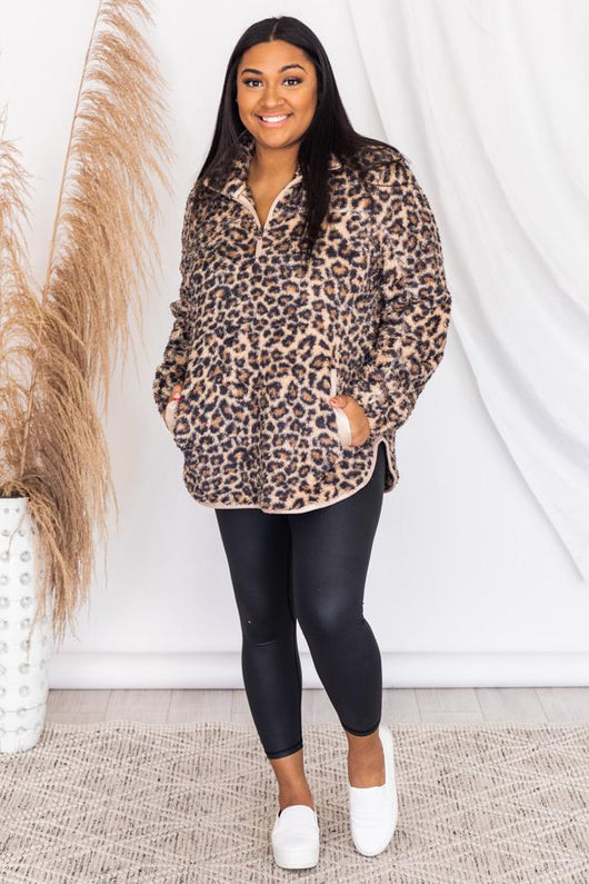 Around The Clock Animal Print Quarter Zip Sherpa Pullover