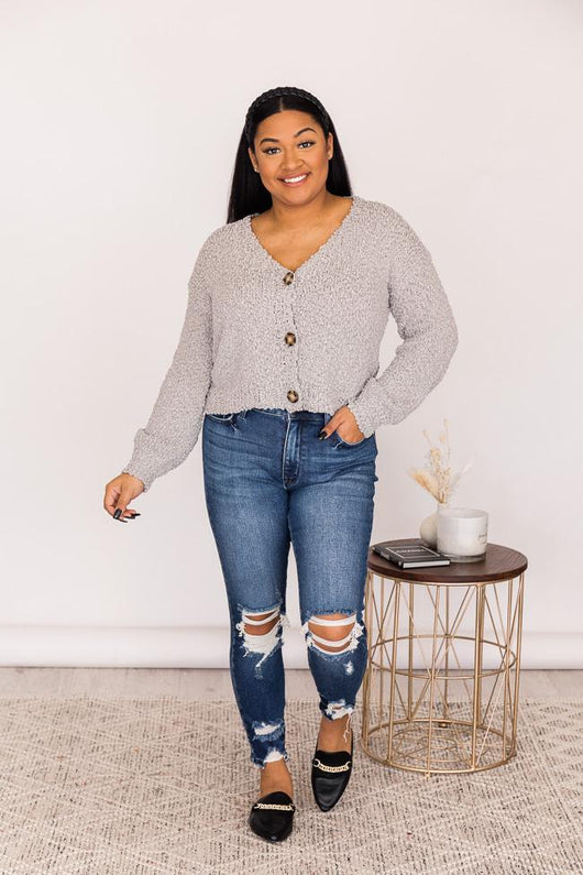 Under The Streetlights Grey Button Up Textured Cardigan