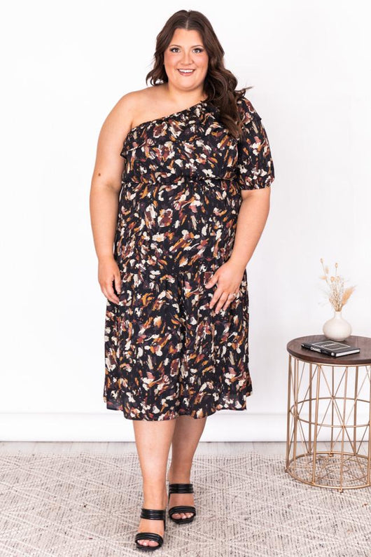 On Repeat Floral One Shoulder Ruffle Maxi Dress Black