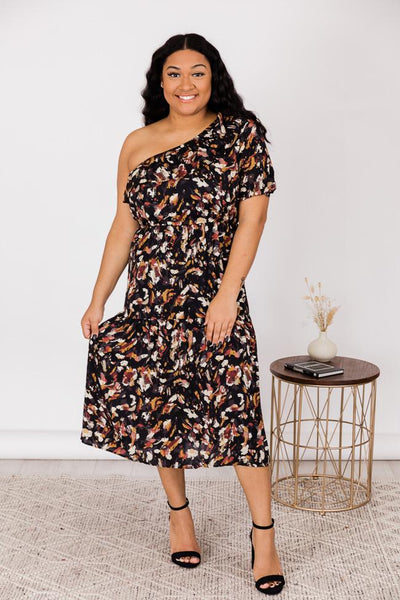 On Repeat Floral One Shoulder Ruffle Maxi Dress Black