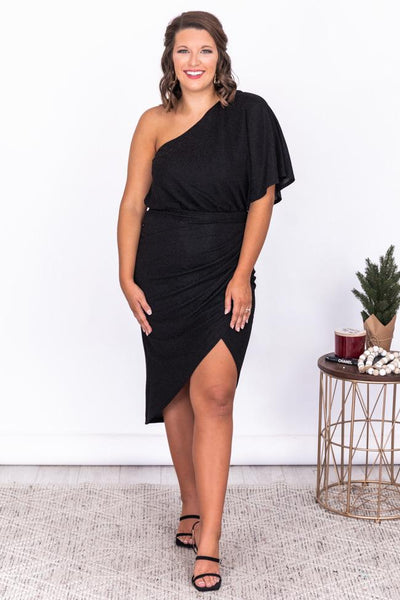 Seek Your Love Black One Shoulder Wrap Dress