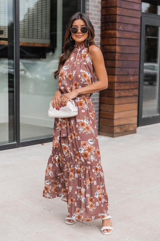 Short Notice Floral Mauve High Neck Maxi Dress