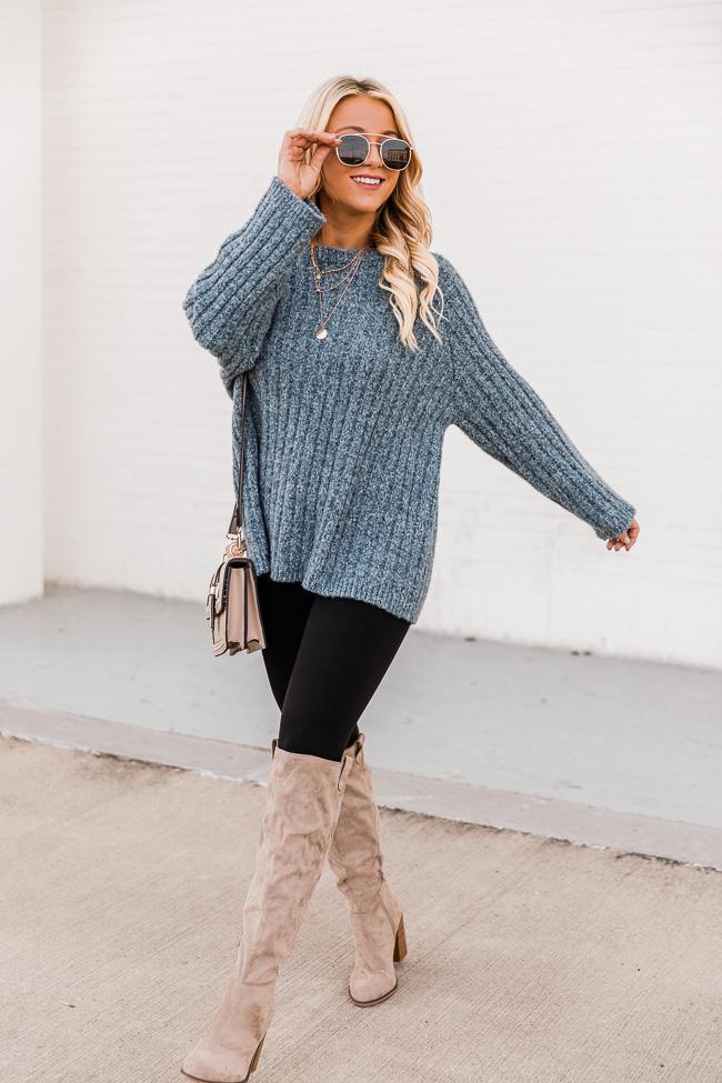 Next Step Blue Fuzzy Ribbed Sweater