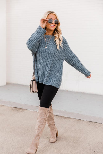 Next Step Blue Fuzzy Ribbed Sweater