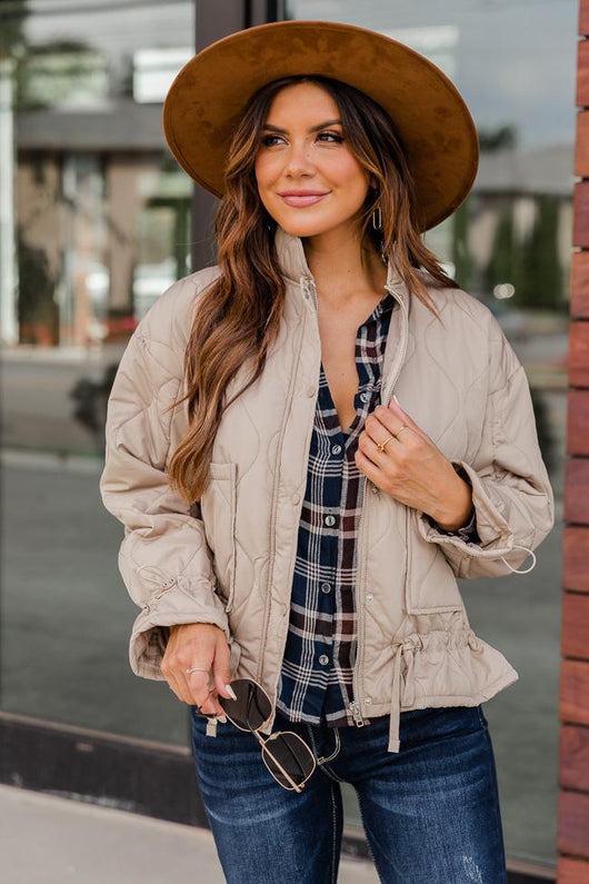 Midnight Shadows Beige Quilted Bomber Jacket