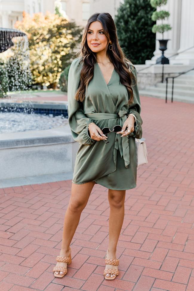 Renewed Attitude Olive Satin Wrap Mini Dress