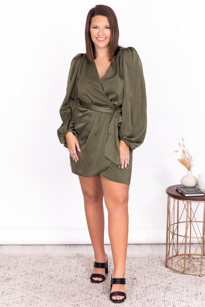 Renewed Attitude Olive Satin Wrap Mini Dress