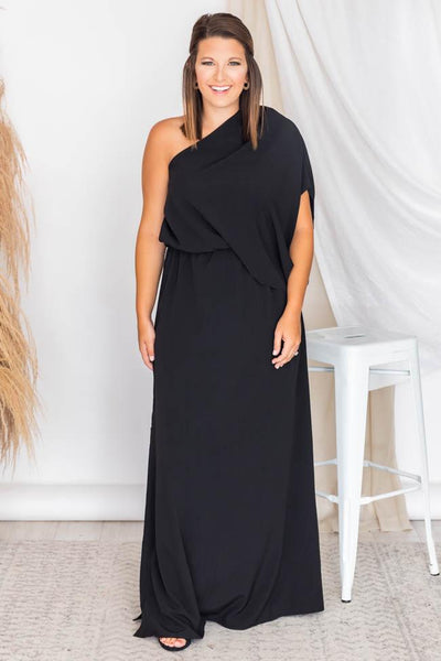 Found My Forever Black One Shoulder Maxi Dress