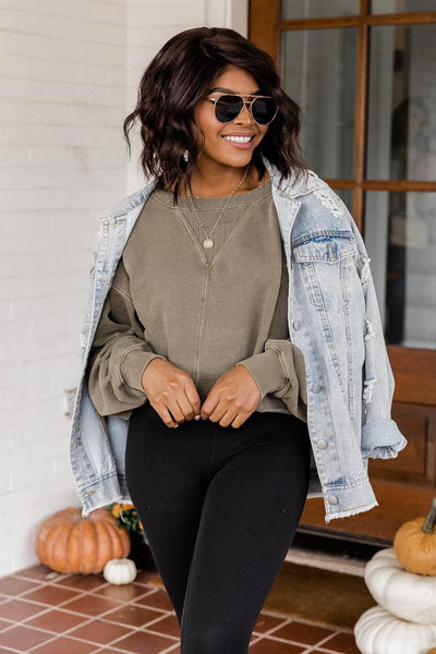 Lifetime Together Olive Cropped Mineral Wash Pullover