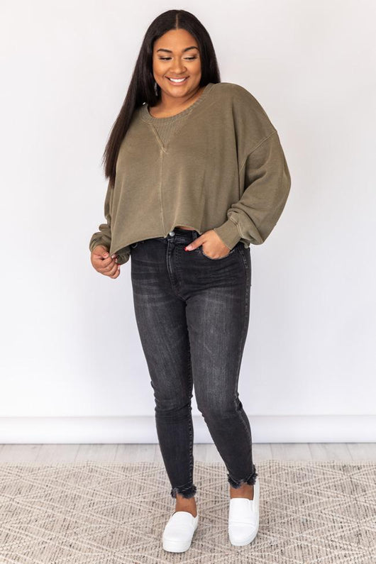 Lifetime Together Olive Cropped Mineral Wash Pullover