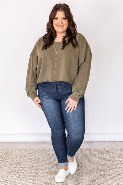 Lifetime Together Olive Cropped Mineral Wash Pullover