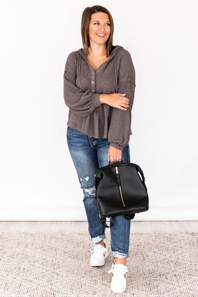 Sweet Gesture Charcoal Waffle Knit Peplum Hooded Blouse