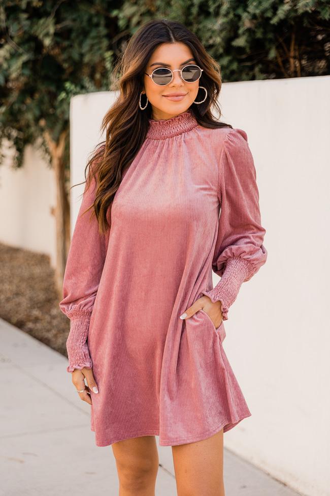 Writing A Message Mauve Mock Neck Long Sleeve Dress