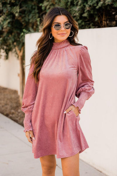 Writing A Message Mauve Mock Neck Long Sleeve Dress