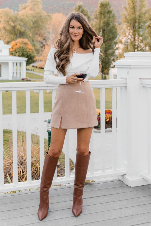 CAITLIN COVINGTON X PINK LILY The Ella Side Slit Tan Suede Skirt