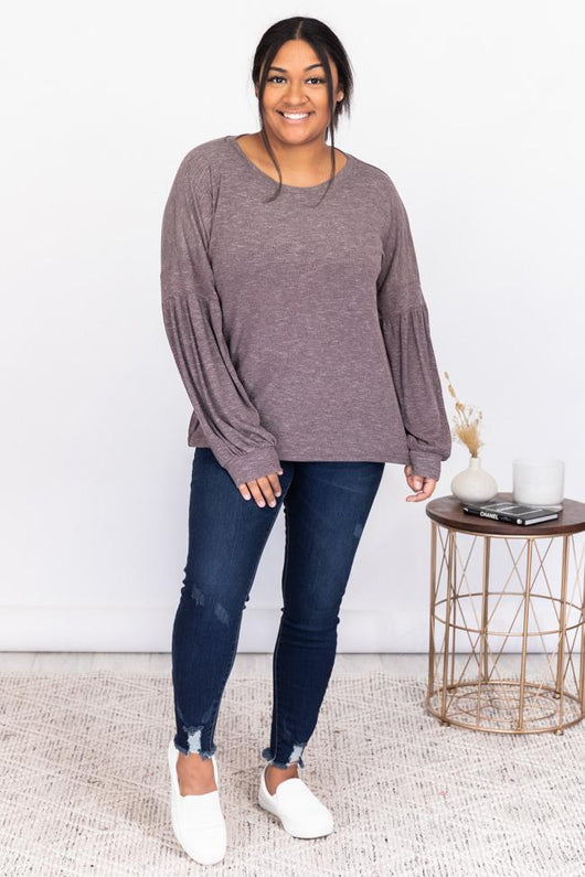 Selfless Moments Mocha Thermal Balloon Sleeve Blouse