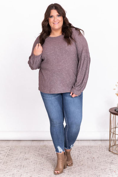 Selfless Moments Mocha Thermal Balloon Sleeve Blouse