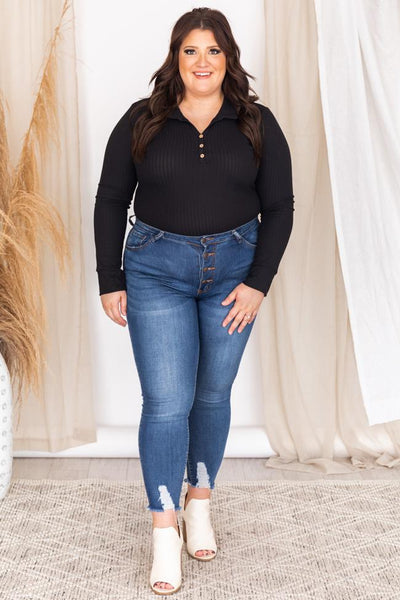 Singing Together Black Collared Ribbed Bodysuit
