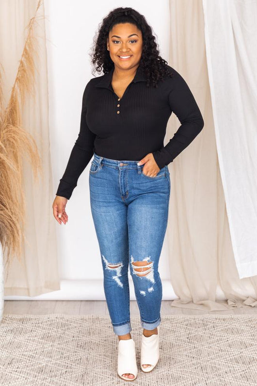 Singing Together Black Collared Ribbed Bodysuit