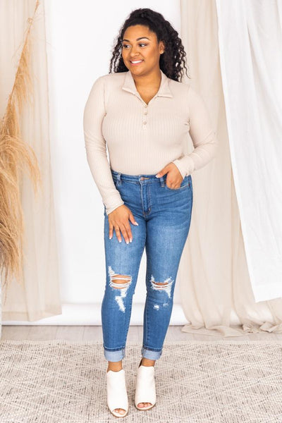Singing Together Taupe Collared Ribbed Bodysuit
