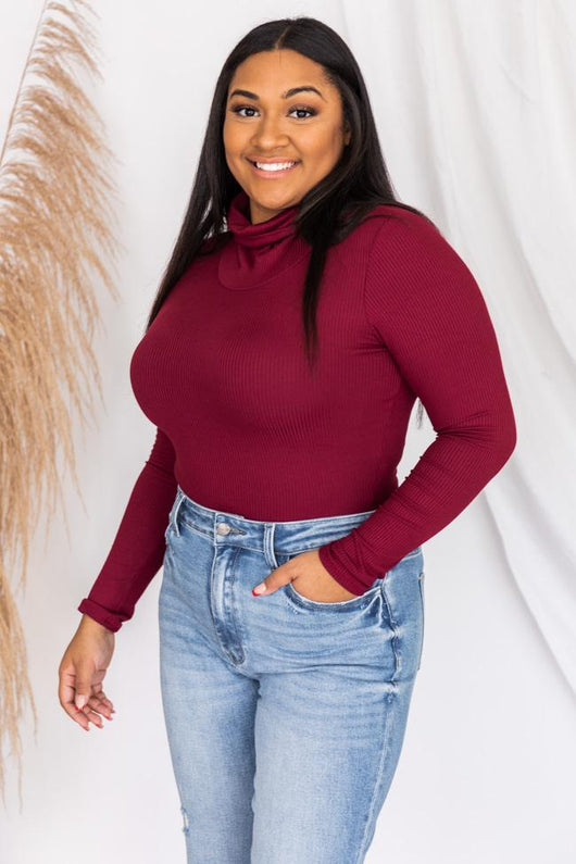 Daily Efforts Wine Long Sleeve Ribbed Turtleneck Bodysuit