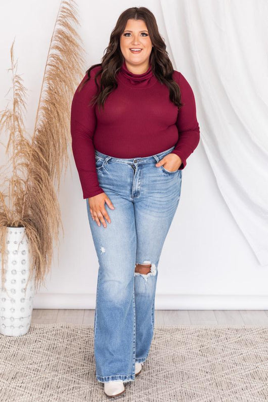 Daily Efforts Wine Long Sleeve Ribbed Turtleneck Bodysuit