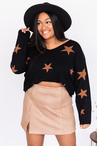 Starlight Love Black/Camel Star Print Sweater