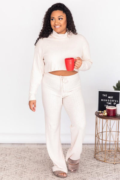 Late Goodbye Beige Ribbed Cowl Neck Lounge Top PRE-ORDER