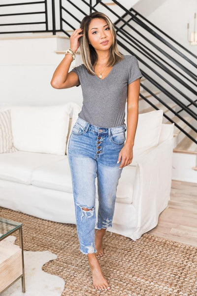 Helplessly Yours Charcoal Ribbed V-Neck Bodysuit