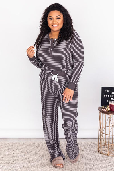 Sleepless Night Charcoal Ribbed Striped Henley Lounge Top