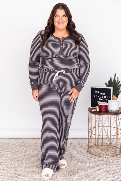 Sleepless Night Charcoal Ribbed Striped Henley Lounge Top