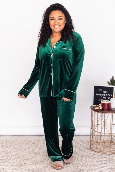 Asking Again Green Velvet Button Front Lounge Top