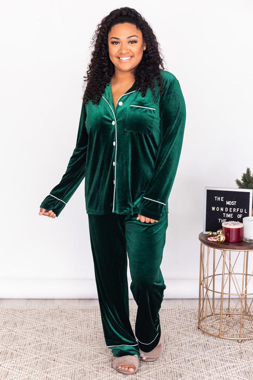 Asking Again Green Velvet Button Front Lounge Top