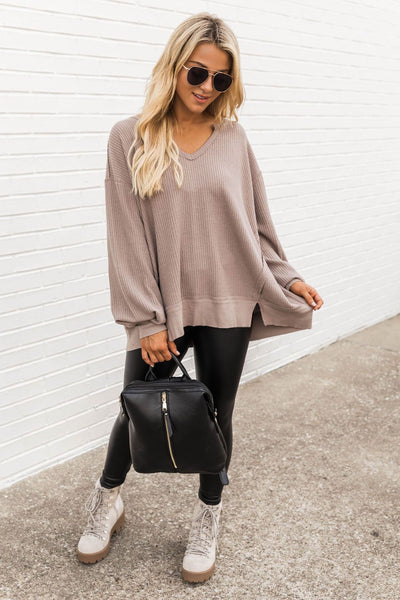 Since You've Been Gone Taupe Waffle Knit V-Neck Sweater
