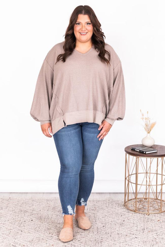 Since You've Been Gone Taupe Waffle Knit V-Neck Sweater